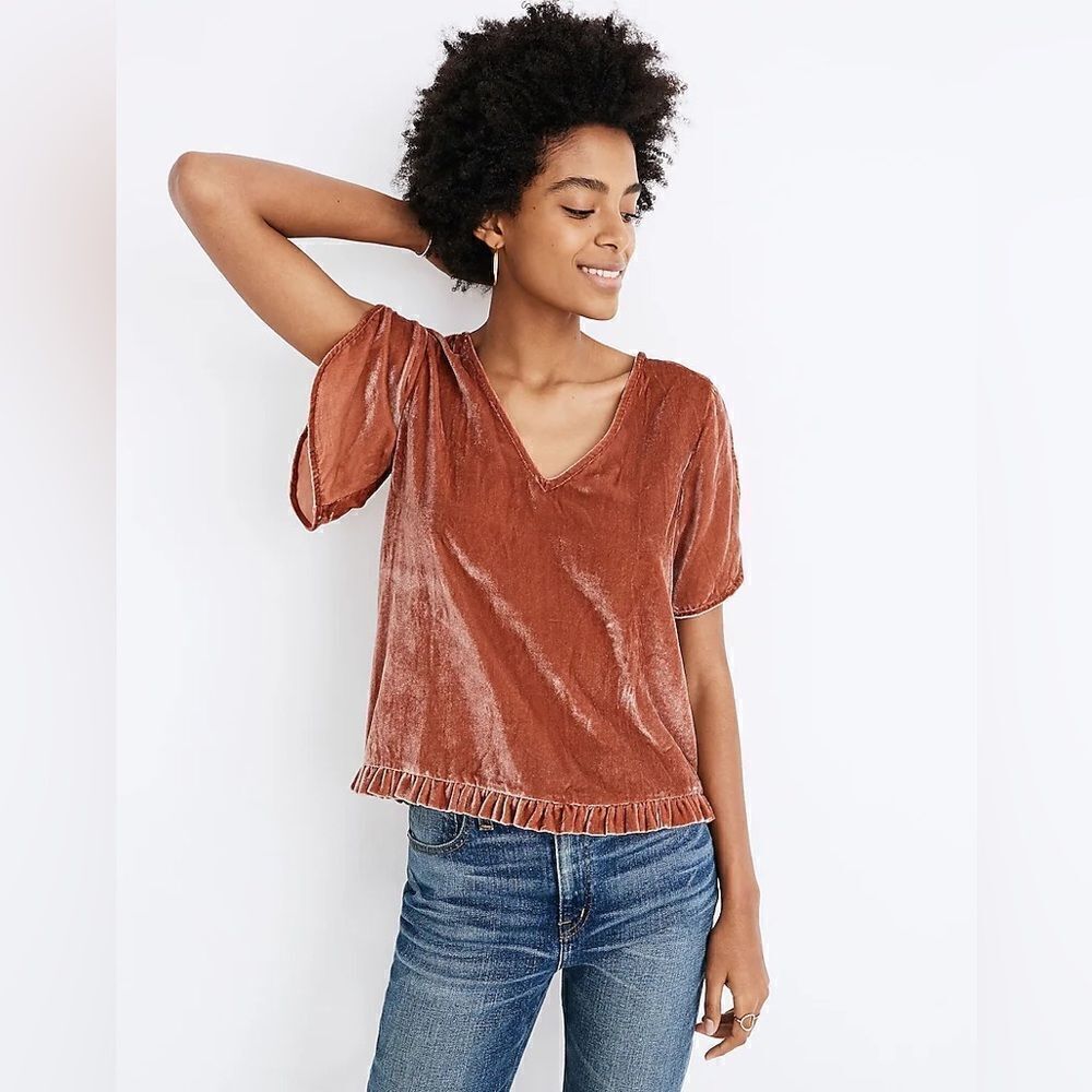 Madewell Velvet Tulip-Sleeve Ruffle Top - Picture 2 of 10